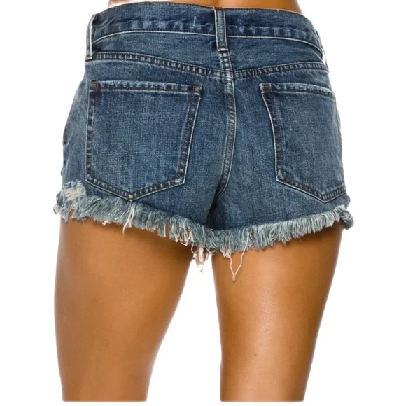 Free People OB585971 Avery Blue Daisy Chain Lace Cutoff Frayed Denim Short - Picture 2 of 10